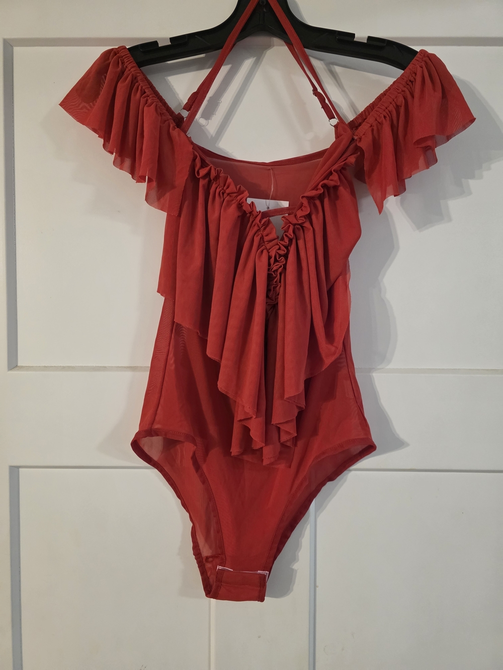 Red Off-Shoulder Ruffle Bodysuit (Mesh Style)